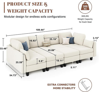 Sectional Sleeper Sofa, 8 Seaters Modular Sleeper Sofa Couch, Comfy Sectionals Couches Bed, Convertible Sofas with Ottomans, Modular Sectional Couches for Living Room, Beige