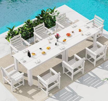 SERWALL HDPE Dining Set for 8: 2 Umbrella Hole Tables + 8 Chairs. for Garden, Backyard, Poolside. White