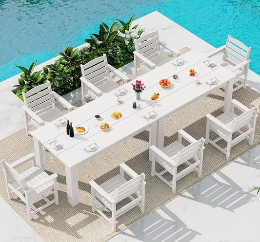 SERWALL HDPE Dining Set for 8: 2 Umbrella Hole Tables + 8 Chairs. for Garden, Backyard, Poolside. White