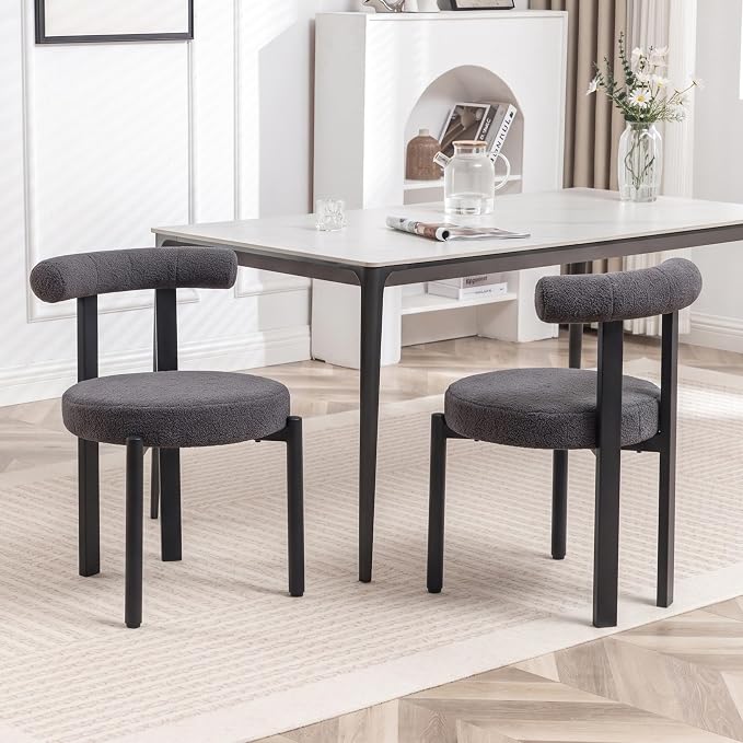 Boucle Dining Chairs Set of 2, Mid Century Modern Dining Room Chairs with Curved Backrest and Black Metal Legs, Upholstered Round Dining Accent Chairs for Kitchen, Living Room, Bedroom (Gray)