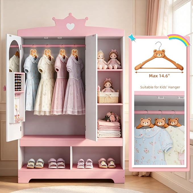 Kids Dress Up Storage with Hidden Jewelry Armoire, Wooden Princess Pretend Play Closet Wardobe Center with Mirror, Toddler Armoire Organizer with Hanging Area & Shoe Cubbies, Pink/White