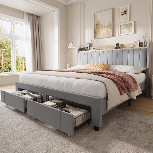 Garvee Upholstered Bed Frame King Size with Storage Headboard and Charging Station, Platform Bed Frame with Drawers, Heavy Duty, No Box Spring Needed, Easy Assembly, Light Grey