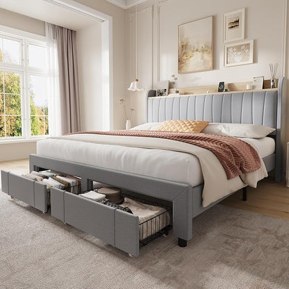 GarveeHome King Size Bed Frame with Storage Headboard, Upholstered Platform Beds with Drawers, Charging Station, Noise-Free, No Box Spring Needed, Easy Assembly, Light Grey