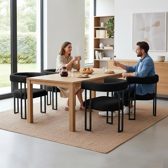 VIRRMO Boucle Dining Chair Set of 4 Corduroy Upholstered Dining Room Chairs Kitchen Chairs with Metal Legs Mid Century Modern Chair for Dining Room, Kitchen (Black, 4)