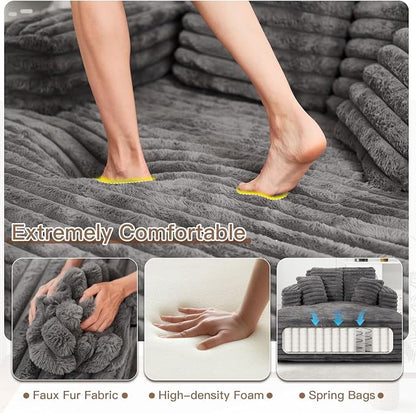 JEEOHEY 56" Oversized Chaise Lounge Chair Indoor,Plush Faux Fur Sleeper Sofa Couch Bed with Pillows&Wide Armrests,Fluffy Comfy Cloud Couch,Compression Foam Couch for Living Room,Bedroom(Grey)