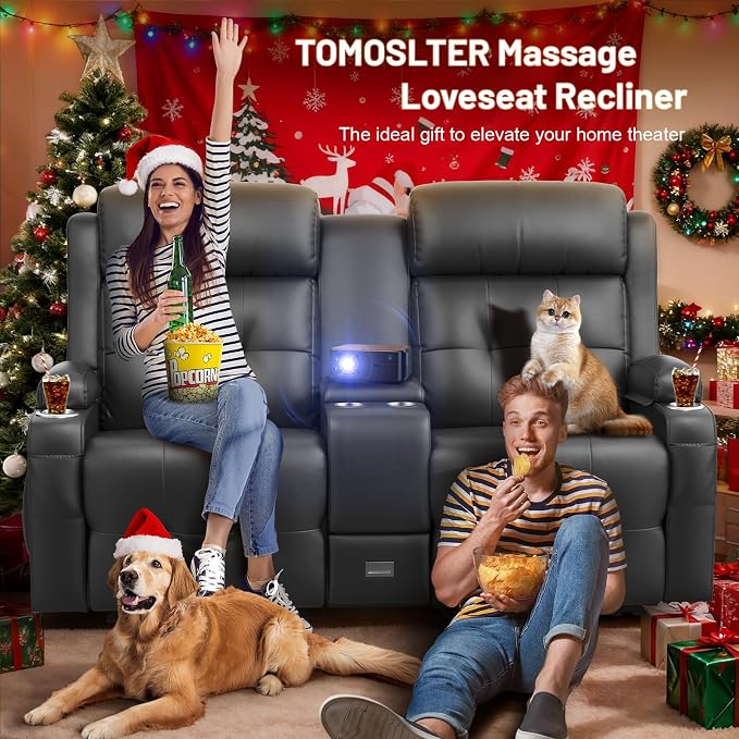 Loveseat Recliner Sofa, Home Theater Seating with Massage, Reclining Loveseats with Console, Wall Hugger RV Couch Movie Theater Chairs, RV Furniture Sofas with USB, Cup Holders, Drawer for Gaming Room
