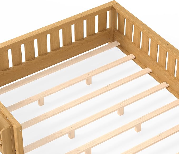 Bellemave Queen Size Montessori Floor Bed with Slats and Fence, Queen Size Montessori Bed with Rails and Bookcase, Easy Assemble Floor Beds Frame,Deep Natural