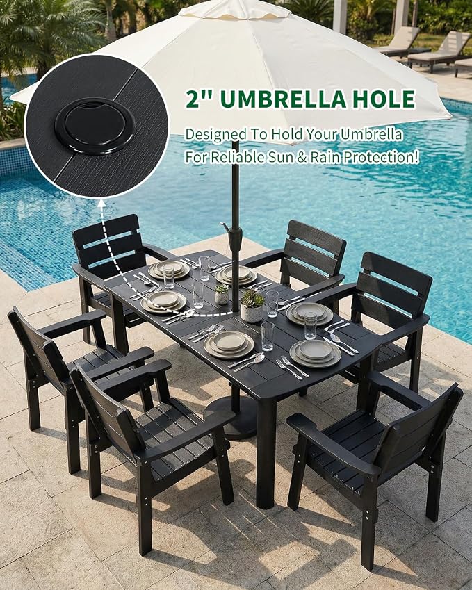 Outdoor Rectangle Dining Table with Rounded Edge, 67" All-Weather HIPS Patio Table for 6, Outdoor Furniture with Umbrella Hole, Ideal for Garden, Poolside, Backyard, Deck, Black