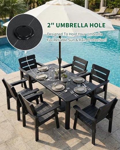 Outdoor Rectangle Dining Table with Rounded Edge, 67" All-Weather HIPS Patio Table for 6, Outdoor Furniture with Umbrella Hole, Ideal for Garden, Poolside, Backyard, Deck, Black