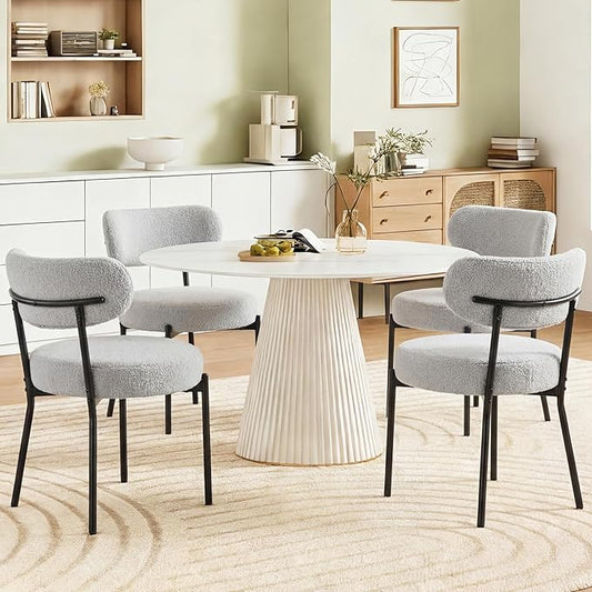 DUMOS Dining Chairs Set of 2, Mid Century Modern Chair Round Upholstered Curved Backrest, Kitchen Vanity Living Room Chairs with Black Metal Legs，Light Grey