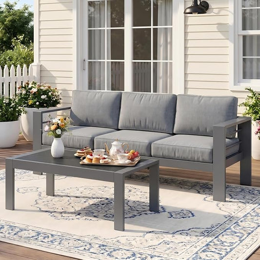 Wisteria Lane Aluminum Outdoor Sofa, 2 Pieces Patio Couch All-Weather Rust-Proof Modern Metal Patio Furniture with 5" Thick Olefin Cushions, Light Grey