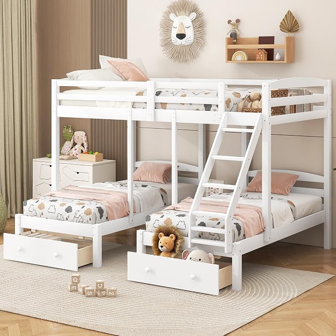 VilroCaz Wood Bed Bunk Bed with 2 Storage Drawers for 3, Full Over Twin & Twin Bunk Bed Frame with Built-in Middle Drawer, Guardrail and Ladder for Kids Teens Adults, Maximized Space Design
