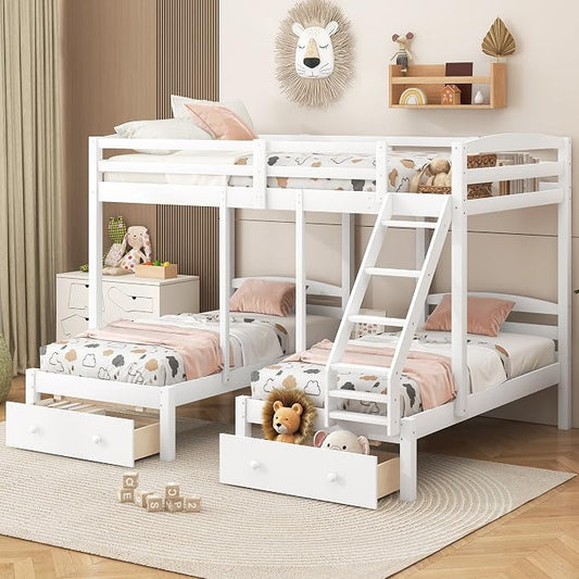 VilroCaz Wood Bed Bunk Bed with 2 Storage Drawers for 3, Full Over Twin & Twin Bunk Bed Frame with Built-in Middle Drawer, Guardrail and Ladder for Kids Teens Adults, Maximized Space Design
