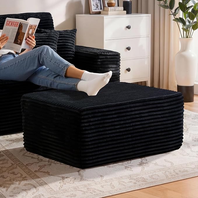 37" Plush Boneless Ottoman, Upholstered Cloud Footrest for Boneless Couch in a Box,Oversize Poufs for Living Room & Bedroom Sofa Ottoman,Comfy Seating with Dense Foam, Black (Plush Corduroy Fabric)