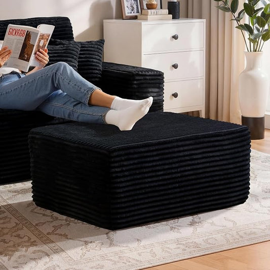 37" Plush Boneless Ottoman, Upholstered Cloud Footrest for Boneless Couch in a Box,Oversize Poufs for Living Room & Bedroom Sofa Ottoman,Comfy Seating with Dense Foam, Black (Plush Corduroy Fabric)