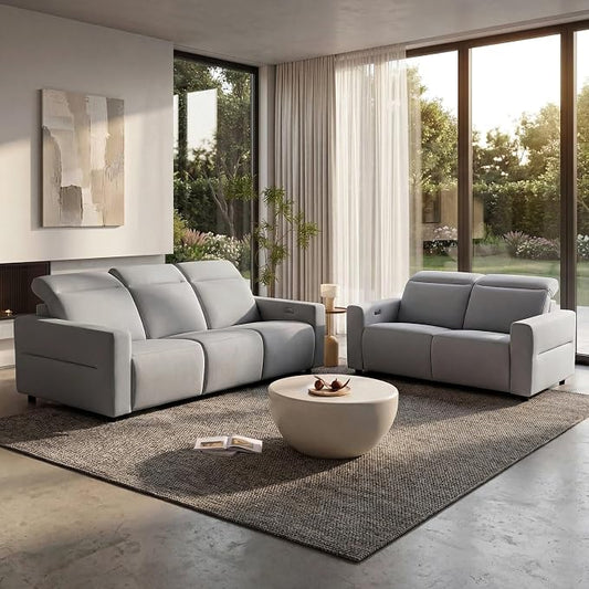ModernMate Power Recliner Sofa Set with 3-Seater & Loveseat, Oversize Zero Gravity Modular Sectional Couch with Manual Adjustable Headrest, Zero Wall Hugger, USB & Type-C Ports, 27.6" Wide Seat, Grey