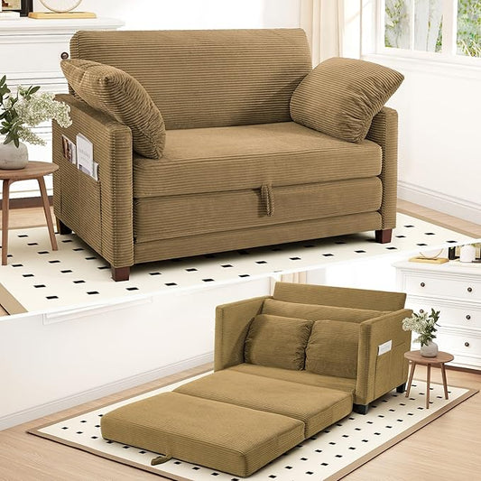Myroyalsit 51" Convertible Loveseat Sofa Bed, 2-in-1 Folding Sofa Bed with 2 Pillow for Small Spaces, Modern Loveseat Sleeper Couch for Apartment, Living Room & Guest Room (Brown Corduroy, 51 inch)