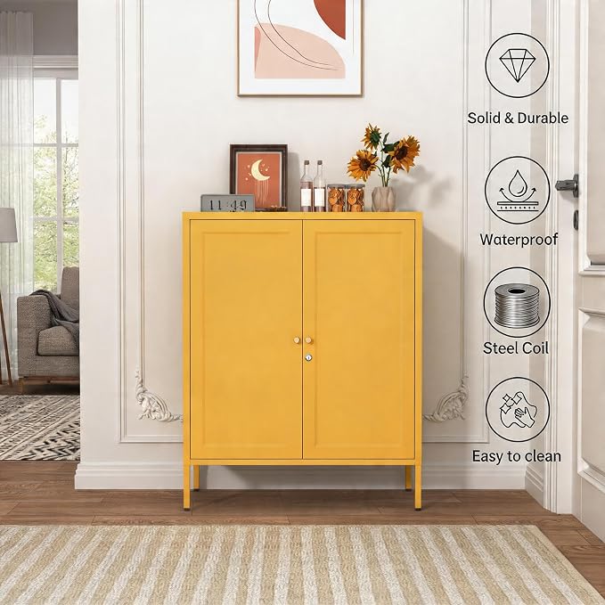 36" H Metal Storage Cabinet with Recessed Door & 2 Adjustable Shelves, Freestanding Metal Sideboard Organizer for Kitchen, Living Room, Entryway, Yellow