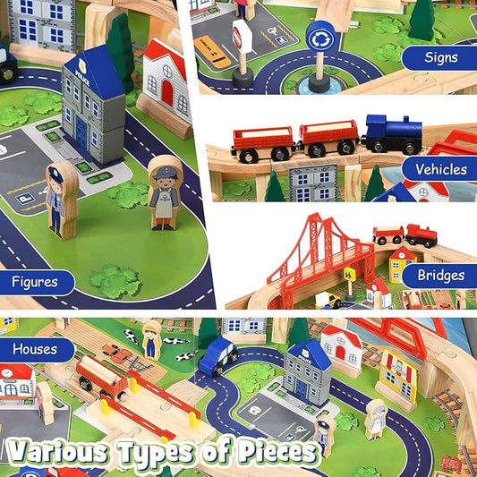 Costzon Wooden Train Table with 100 Multicolor Pieces | Kids Activity Table w/ Large Rolling Storage Drawer, Tracks, Cars, DIY Design, Train Set Table for Boys Girls Toddlers 3+