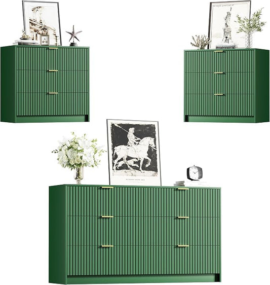 Furniway Green Dresser Bedroom Set 3 Pieces, Nightstands Sets of 2, 6 Drawer Dresser with Gold Handles for Bedroom