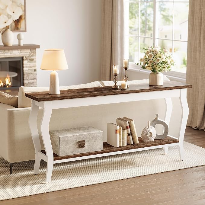 LITTLE TREE 70.9 Inches Long Console Table, 2-Tier Vintage Wooden Sofa Table Behind The Couch with Metal Legs for Hallway, Entryway, Living Room, Brown & White