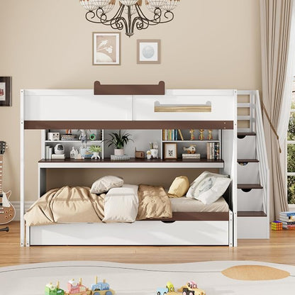 Wood Bunk Bed Full Over Full Size with Storage Staircase and Shelves, Bunk Beds Frame with Trundle and LED for Kids Teens, Space-Saving (White-12.15)