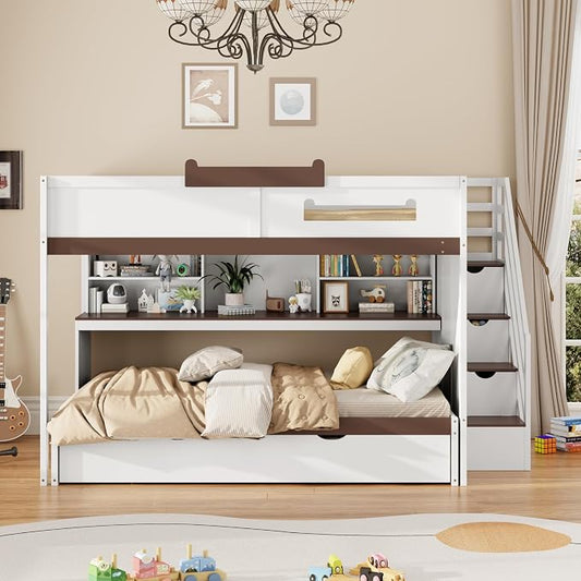 Wood Bunk Bed Full Over Full Size with Storage Staircase and Shelves, Bunk Beds Frame with Trundle and LED for Kids Teens, Space-Saving (White-12.15)