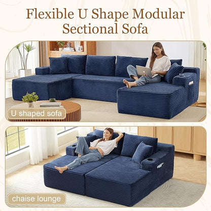 125" Modular Sectional Sleeper Sofa, Boneless Cloud Couch for Living Room, U Shaped 5 Seat Sofa with 2 Storage Pockets& 2 Cup Holders, Free Combination, No Assembly Required (Blue, 125")