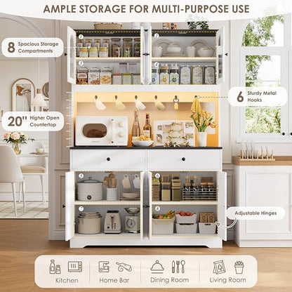 HIFIT 71" LED Kitchen Pantry Cabinet with Power Outlet, Large Kitchen Hutch Cabinet with 2 Storage Drawers & Arched Door, Countertop & Hooks, Tall China Bar for Dining Living Room (White + Black)