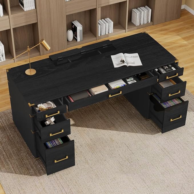 RuiSiSi 70” Extra-Large Classic and Traditional Executive Desk with Metal Edge Trim, Writing Desk with 2 File Drawers, USB Ports and Outlets, Black+Gold
