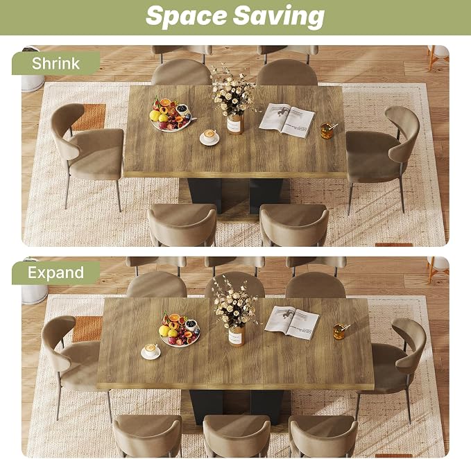 Zevemomo 63"-78.7" Expandable Dining Table, 6-10 Rectangle Table, Extendable Console Table, Wooden Farmhouse Kitchen Table with Metal Track & Dual Column Base for Living, Office-Brown