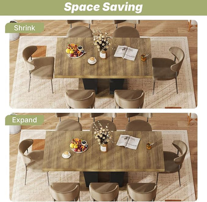 Zevemomo 63"-78.7" Expandable Dining Table, 6-10 Rectangle Table, Extendable Console Table, Wooden Farmhouse Kitchen Table with Metal Track & Dual Column Base for Living, Office-Brown
