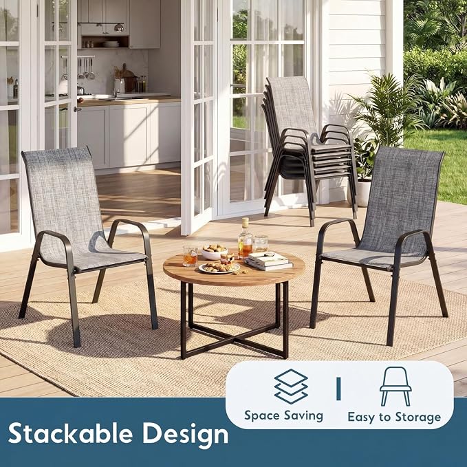 Arlopu 5 Piece Outdoor Patio Dining Set (Umbrella not Included), Porch Furniture with 4 Textline Chairs, 1 Square Glass Table for Garden, Backyard and Poolside, Lawn (Grey)