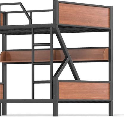 Bellemave Bunk Bed Full Over Full with LED, Heavy Duty Metal Bunk BedFrame with Storage Shelves and Lights, Woodgrain+Black