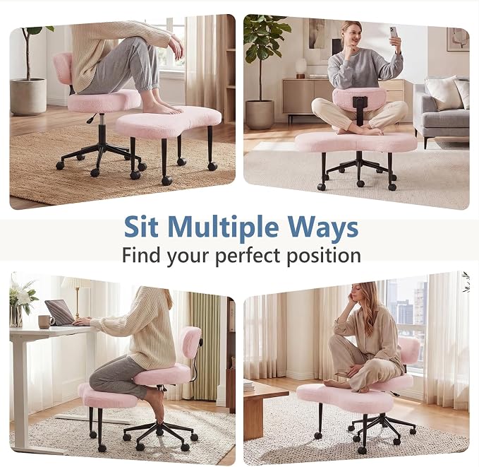 DUMOS Ergonomic ADHD Cross Legged Office Desk Chair with Adjustable Backrest, Height Adjustable Meditation Chair with 360° Swivel Footstool, Teddy Fleece Yoga Stool for Home Office, Pink