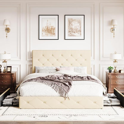 SHA CERLIN Upholstered Queen Size Platform Bed Frame with 4 Storage Drawers, Adjustable Headboard with Diamond Stitched Button Tufted Design, Wooden Slat Support, No Box Spring Needed, Beige