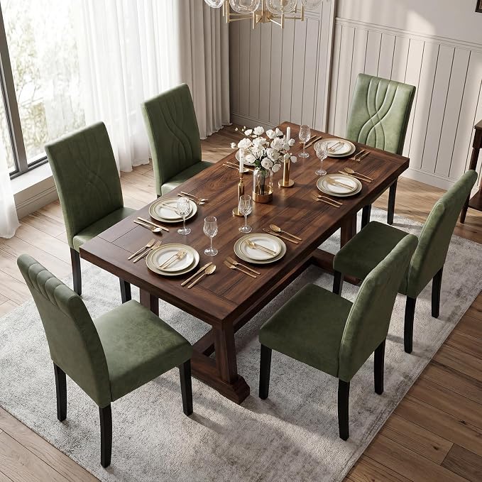 LSSBOUGHT Modern Dining Chair Set of 4,Urban Style Fabric Kicthen Chairs with Solid Wood Legs for Dining Room and Restaurant (Green-Quilted backrest)