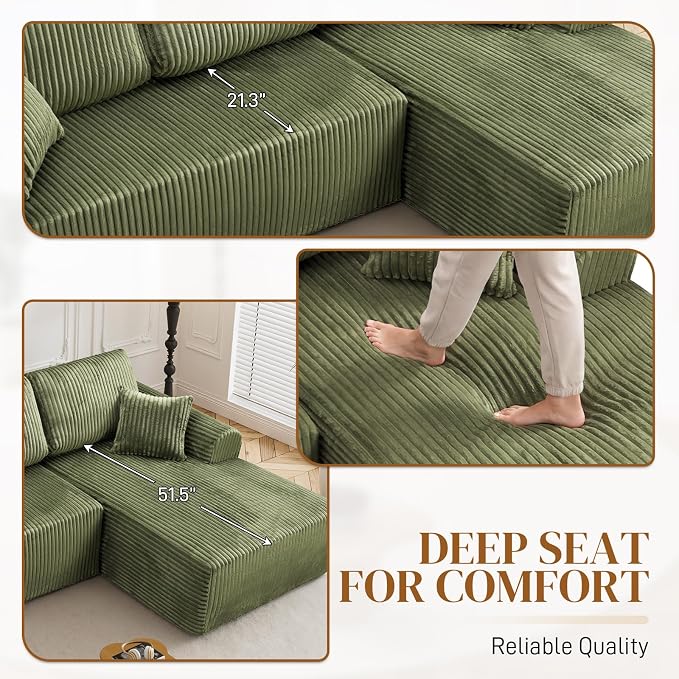 110" L Shaped Boneless Sectional Couches for Living Room, Comfy Corduroy Floor Cloud Sofa with Chaise, Wide Armrest, Deep Seat, Memory Foam, Assembly Free, Ideal for Small Spaces, Green