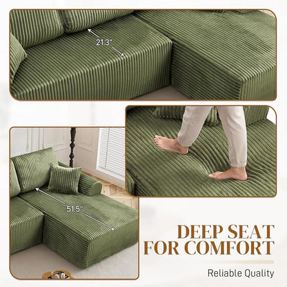 110" L Shaped Boneless Sectional Couches for Living Room, Comfy Corduroy Floor Cloud Sofa with Chaise, Wide Armrest, Deep Seat, Memory Foam, Assembly Free, Ideal for Small Spaces, Green
