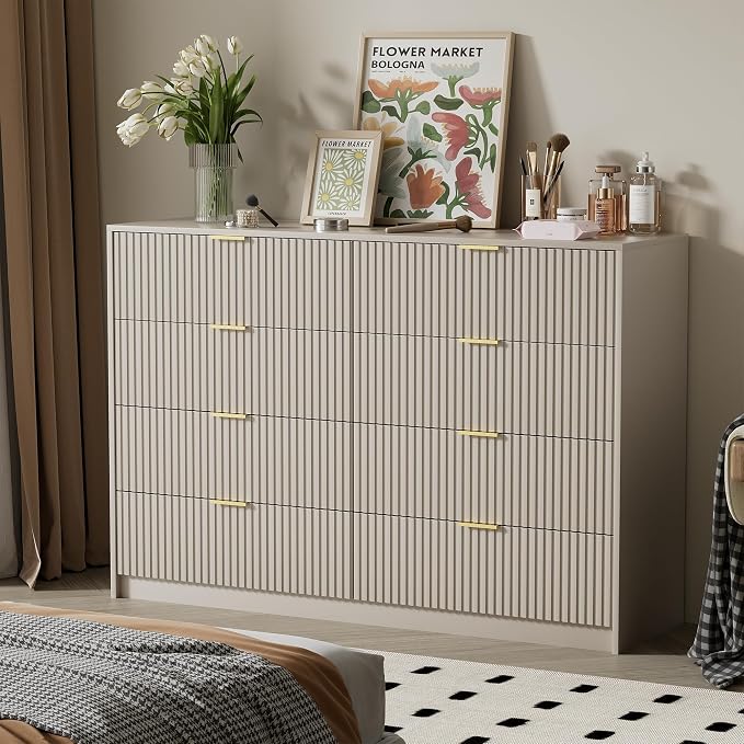 Furniway Beige Dresser for Bedroom, Modern Dresser with 8 Drawers and Smooth Slides, Wide Chest of Drawers with Golden Handles for Bedroom, Closet, 15.7" D x 55" W x 37.4" H