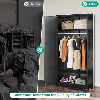 Metal Wardrobe Cabinet,Armoire Wardrobe Closet with doors,Black Metal Clothing Storage Cabinet with Adjustable Shelves and Hanging Rod,72" Cloth Storage Cabinets for Home,Bedroom Armoires,Laundry