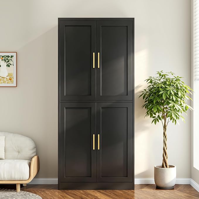 Wanfu 71" Tall Pantry Cabinet, Metal Kitchen Pantry Cabinet with 4 Doors and 4 Adjustable Shelves, Kitchen Pantry Storage Cabinets, Metal Storage Cabinet for Kitchen, Dining Room, Living Room-Black