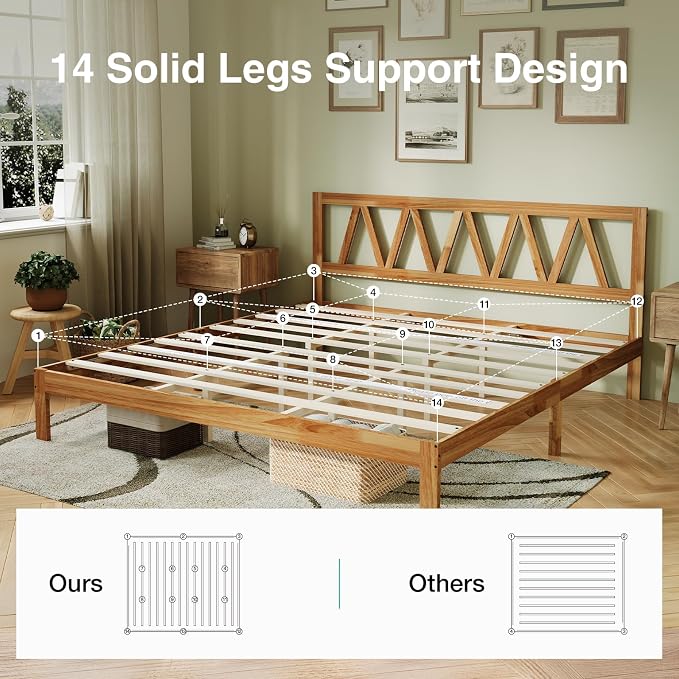 Novilla 12inch King Bed Frame Wooden King Bed Frame and Headboard, Solid Wood King Size Bed Frame with Headboard, No Box Spring Needed, Easy Assembly, Natural