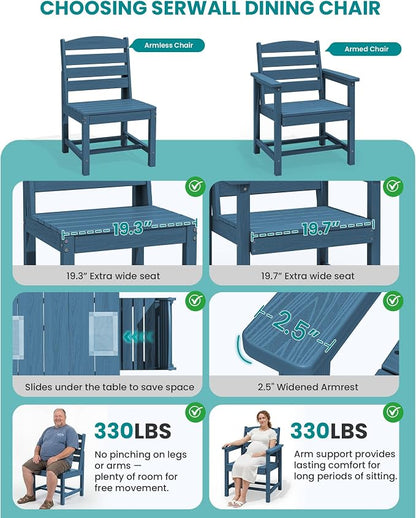 SERWALL Armless Outdoor Dining Chair Set of 2, All Weather Resistant,Blue