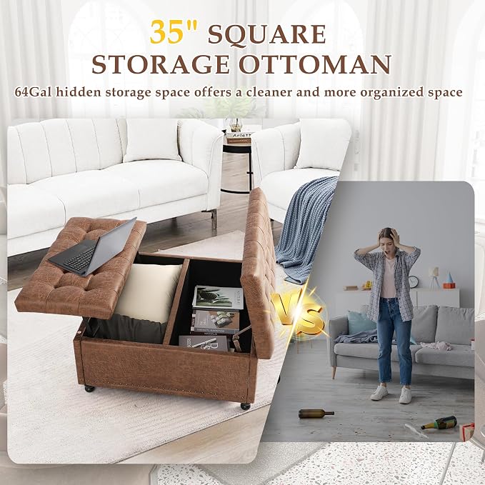 36" Large Square Ottoman with Storage, Tufted Upholstered Storage Ottoman with Lift Top & Solid Legs for Bedroom Room, Extra Large Coffee Tables Bench for Living Room as Footstool (Brown)