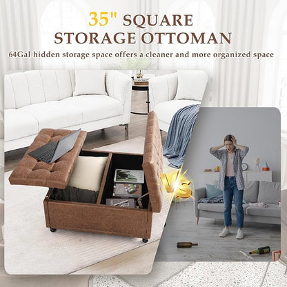 36" Large Square Ottoman with Storage, Tufted Upholstered Storage Ottoman with Lift Top & Solid Legs for Bedroom Room, Extra Large Coffee Tables Bench for Living Room as Footstool (Brown)