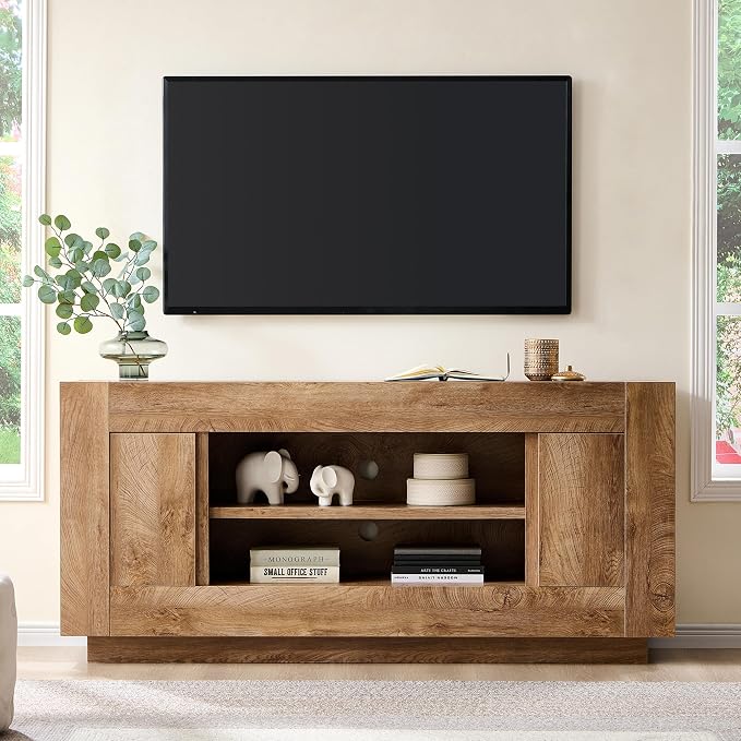 OKD Modern 70" TV Stand, Entertainment Center for TVs Up to 80", Media Console with Large Open Storage & Side Cabinets, Thick Wood Design for Living Room, Light Knotty Oak