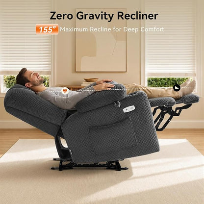 MCombo Zero Gravity Power Recliner Chair with Heat and Vibration Massage, Reclining Chair with USB & Type C Ports, Cup Holders for Living Room, Fabric 8015 (Grey)
