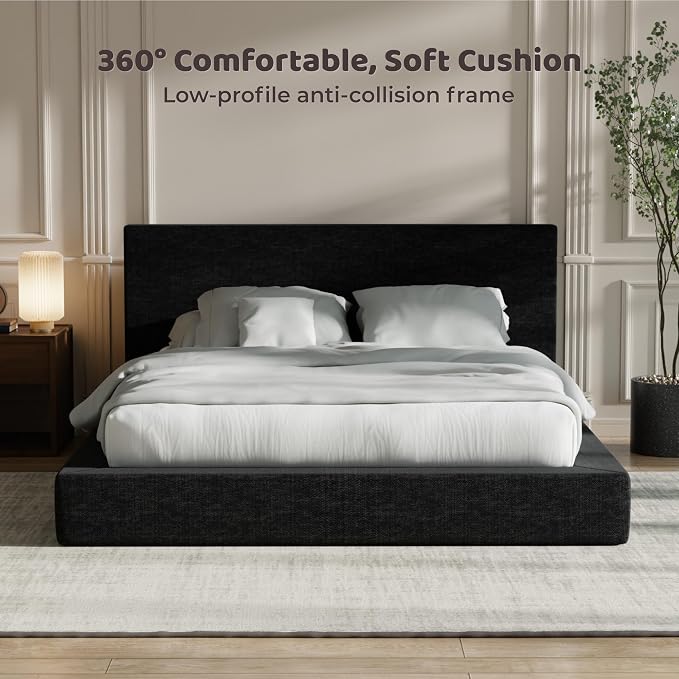 RECCI AirFrame King Size Bed Frame with Headboard, Cloud Upholstered Platform Bed Frame, 5 Inch Foam Cushioned, No Box Spring, Easy Assembly(Onyx Black)