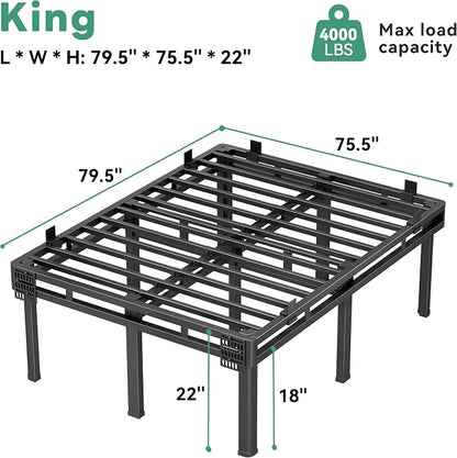 Superay King Bed Frame, 22 inch Metal Bed Frame & Box Spring 2 in 1 Platform with Rounded Legs, Double Layer Bed Frame with Matress Gasket & headboard Adapter, Support Up to 4000lbs